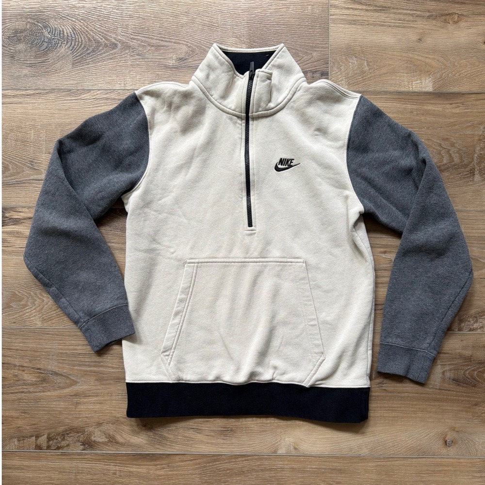 Nike Men's 1/4 Zip Fleece Pullover Size Small Cream/Black Athletic Sweatshirt